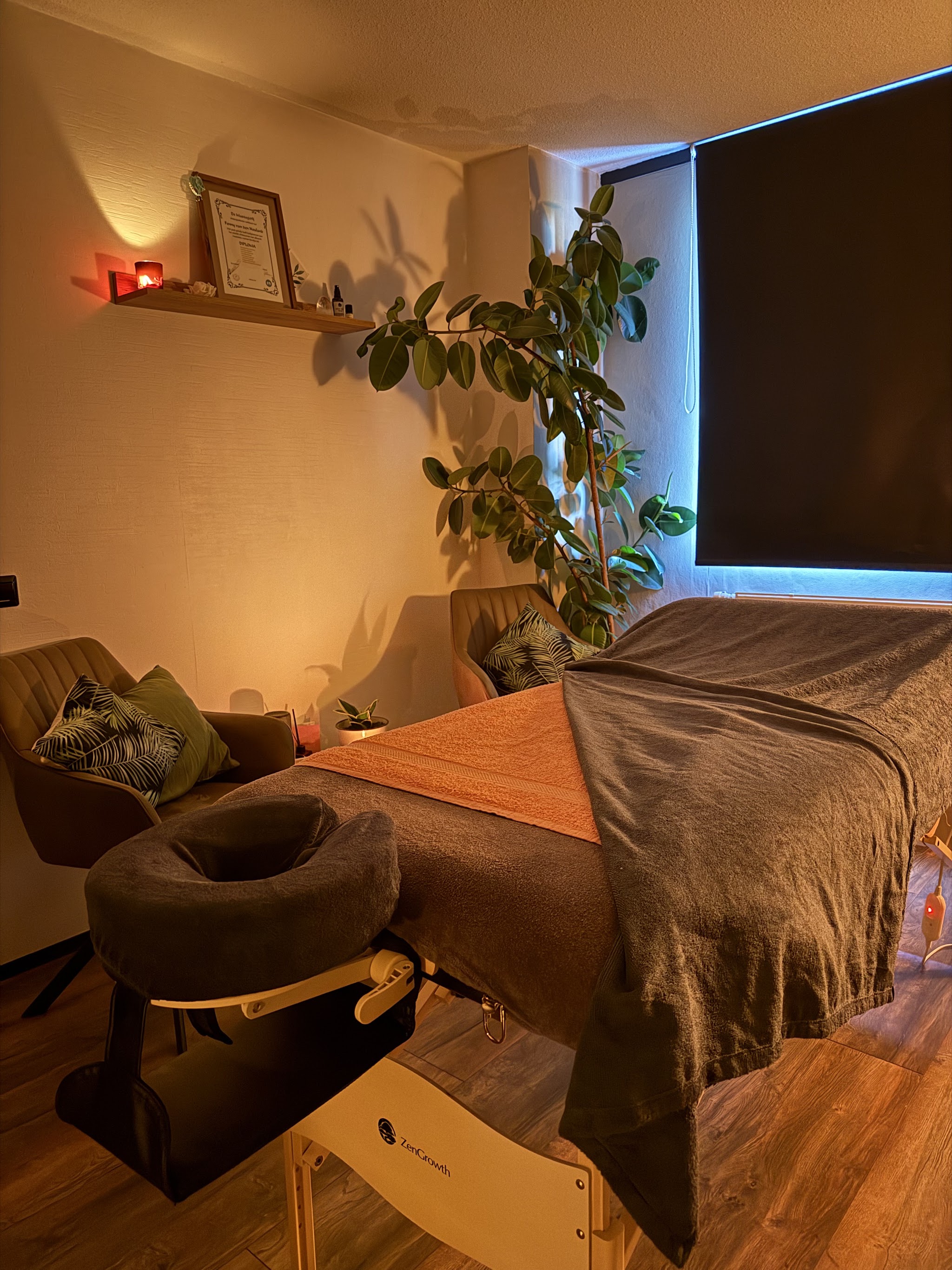 De behandelruimte van ZenFen: massagetafel, warm lamplicht en een grote plant
